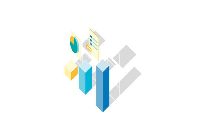 A digital illustration showcasing 3D data visualization elements. The image features bar graphs, a pie chart, and a document icon arranged in a grid-like structure. The color palette includes shades of blue, yellow, and white, creating a clean and modern aesthetic.