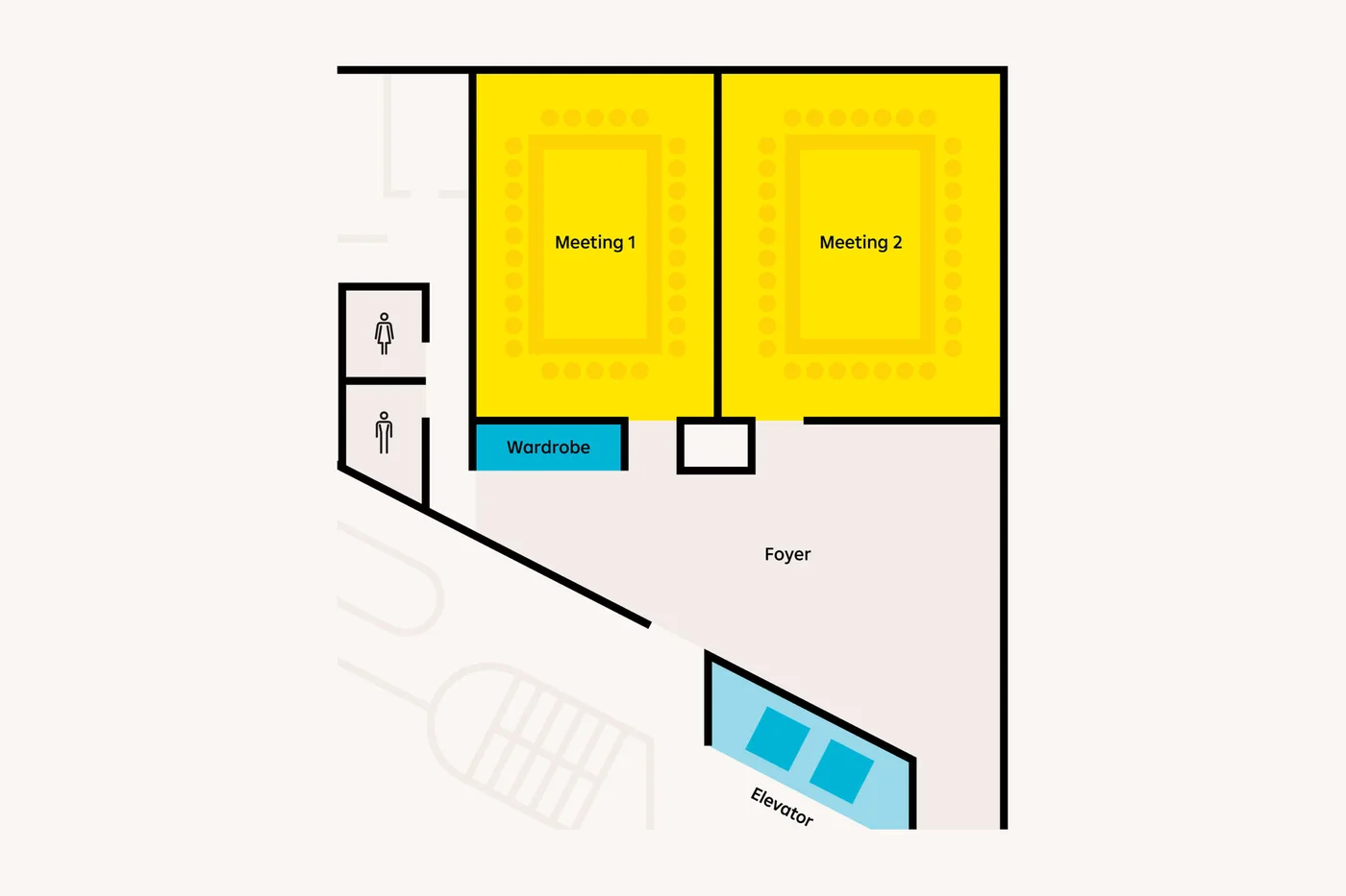 Detailed office floor plan showcasing two large meeting rooms labeled 'Meeting 1' and 'Meeting 2', each highlighted in yellow. The layout includes key facilities such as a wardrobe, restrooms for men and women, a foyer area, and an elevator. This well-organized plan is designed for efficient navigation and optimal use of space.