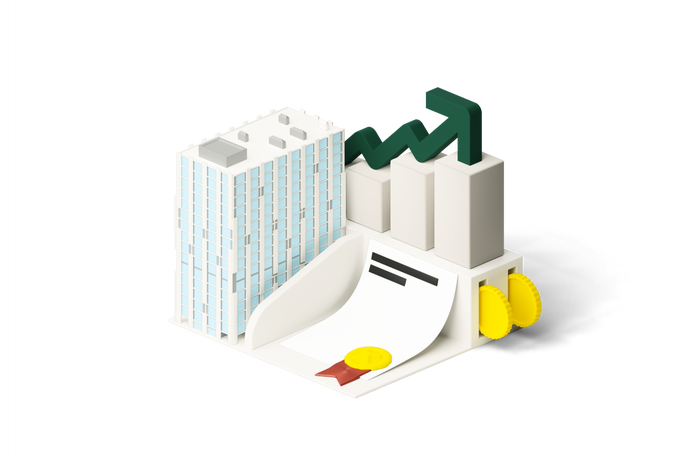 Illustration of sustainable bond structuring with a high-rise building, graph showing growth, and coins representing financial success.