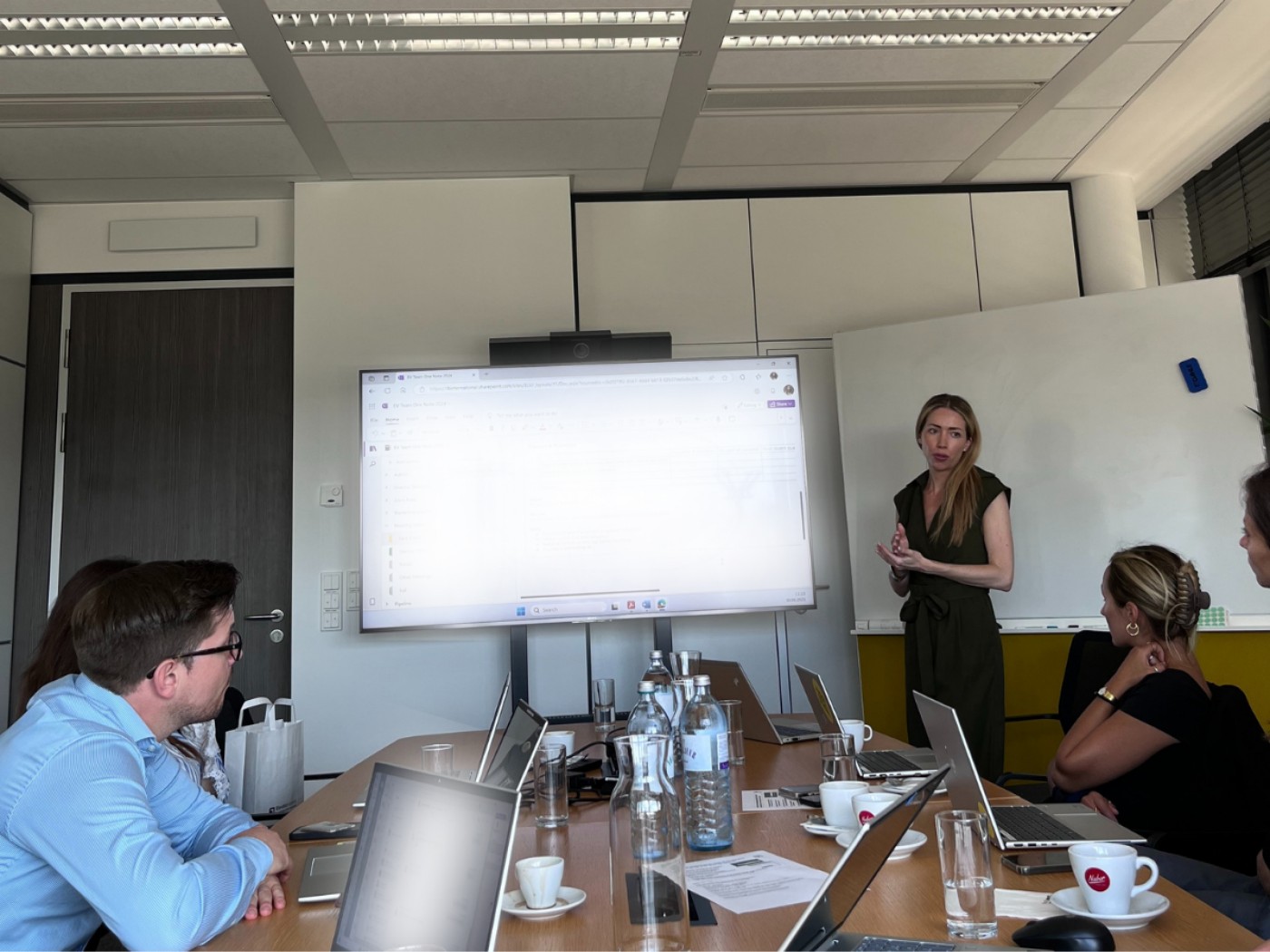 Business meeting with presentation screen